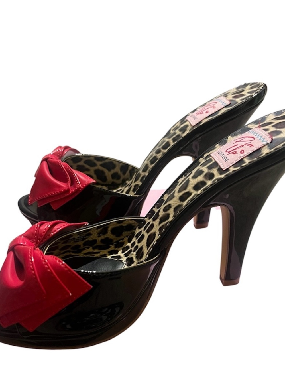Pleaser pinup couture Black Patent Mules with Red Bow size 10